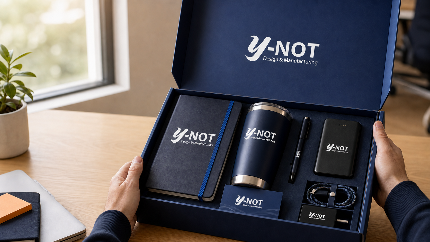 Custom employee welcome gift kit being opened in a modern office
