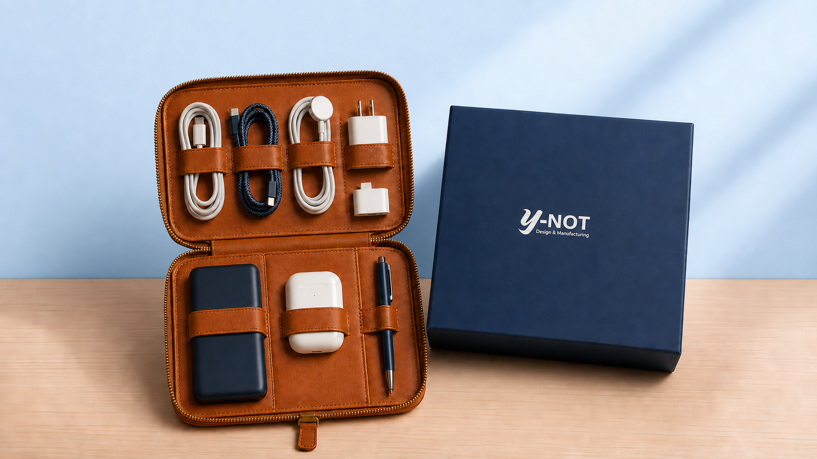 Leather tech organizer roll included in Y-Not employee gift kit
