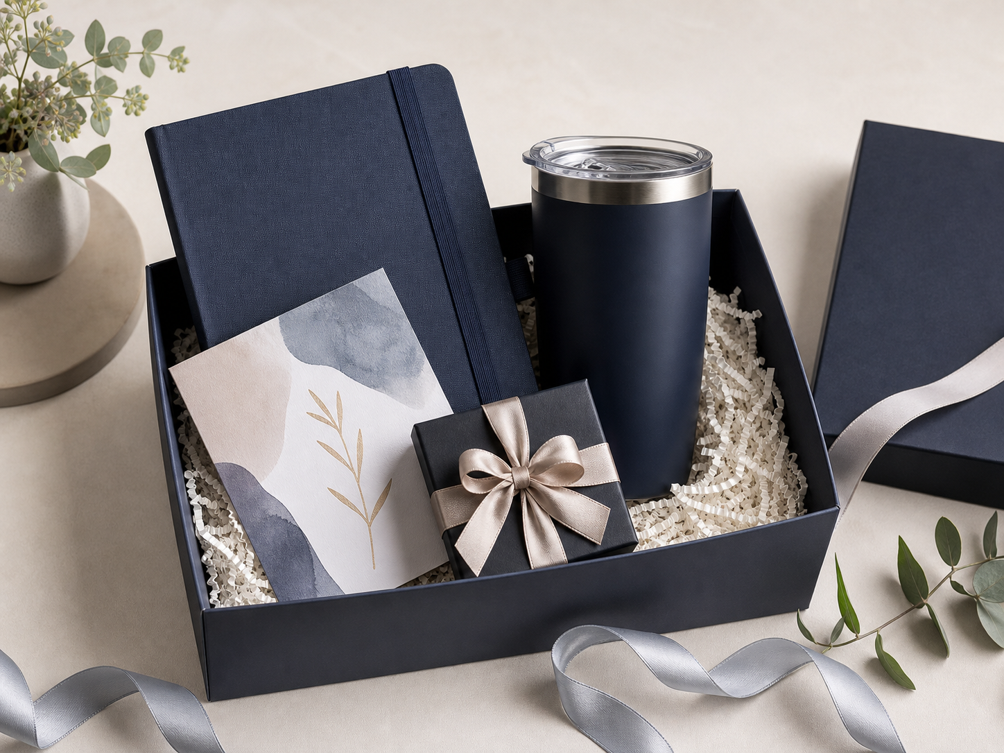 Premium employee anniversary gift kit with a notebook, tumbler, keepsake box, and appreciation card