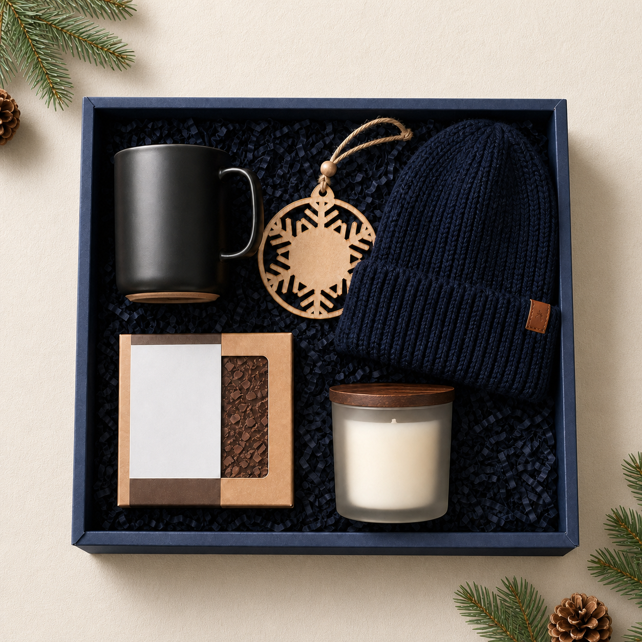 Festive corporate holiday gift kit with a premium mug, gourmet cocoa, wooden ornament, navy knit beanie, and seasonal candle